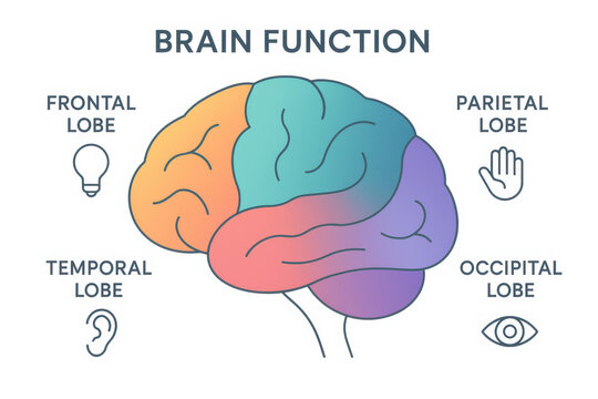 Modern diagram showing brain function and human anatomy. clear visual of frontal lobe, parietal lobe, temporal lobe, and occipital lobe with simple line icon for each part