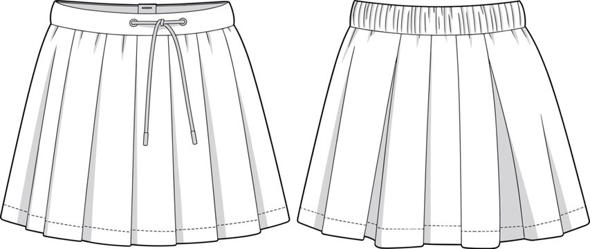 Women pleated drawstring waist skirt technical fashion sketch front and back view vector clothing design