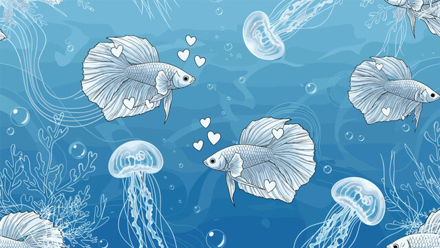A mesmerizing seamless underwater pattern featuring elegant betta fish and translucent jellyfish, surrounded by air bubbles, corals, and stylized waves in varying shades of blue.