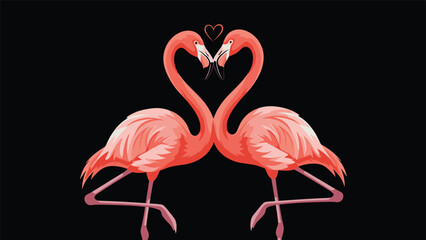 Naklejka premium Striking illustration of two elegant pink flamingos with their necks gracefully intertwined, forming a perfect heart shape, against a dark black background, symbolizing love.