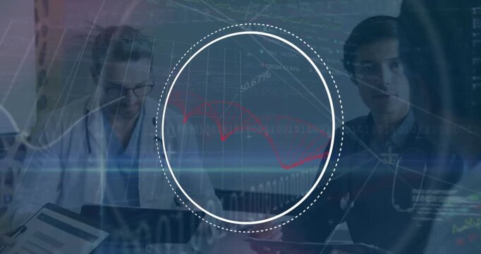 Two male clinicians tapping tablet and reviewing patient data, circular HUD evolving into red graph