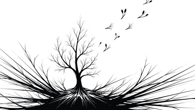 A striking black and white illustration of a stylized bare tree with dramatic, exposed roots spreading outwards, and abstract leaves gracefully falling and flying away into the distance.