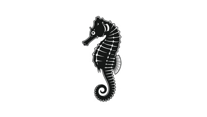 Fototapeta premium A striking black silhouette illustration of a seahorse, captured in profile with its characteristic curved body and textured details, isolated on a clean white background.