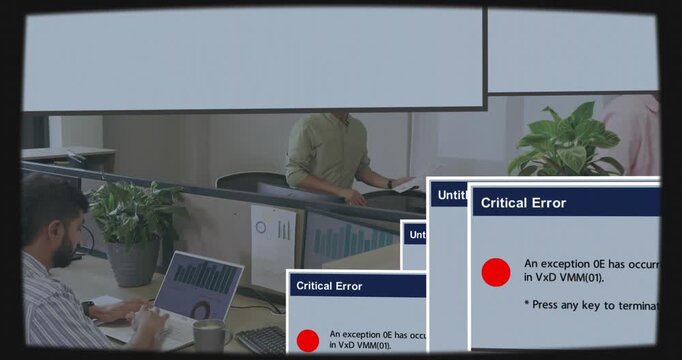 Seated businessman typing charts on laptop, Critical Error dialogs expanding, obscuring view