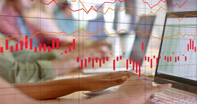 Hands typing at desk, red dotted line appearing evolving into data charts showing spreadsheet data