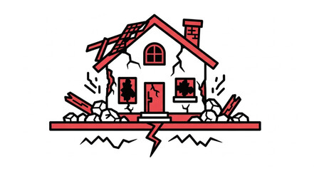 Damaged house illustration showing earthquake destruction and structural damage.
