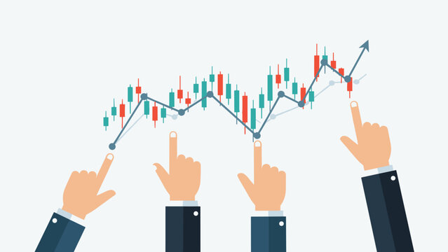 Multiple business hands pointing at a colorful candlestick chart with a rising trend arrow, representing stock market analysis.