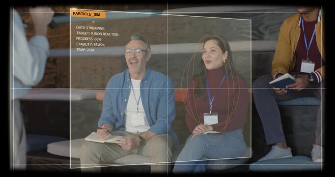 Host gesturing causing PARTICLE_SIM AR over center pair, fusion stream sparking applause tech demo