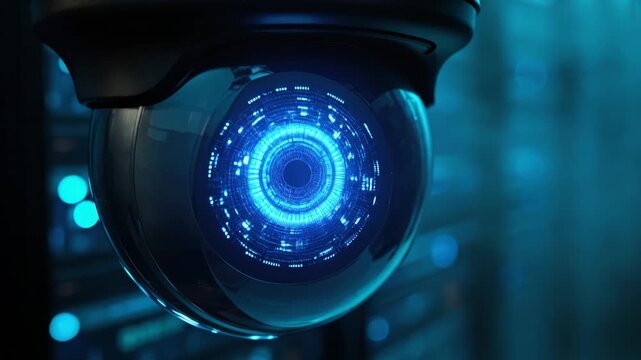 Futuristic AI Surveillance Security Camera with Glowing Digital Iris