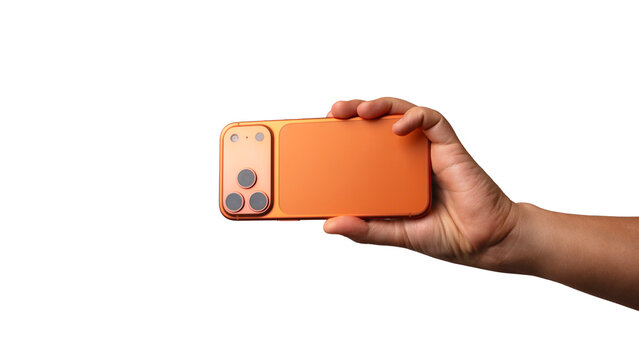 The Hand holding a modern orange smartphone with three cameras, taking a photo, back view. Isolated on transparent background, PNG. Mobile photography concept