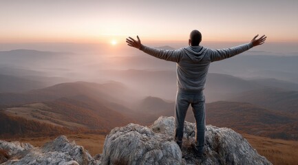 Man Embracing Freedom atop Mountain Peak, Inspiring Success and Achievement at Scenic Sunrise