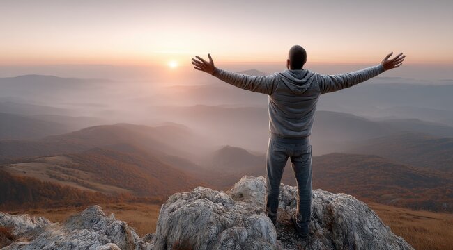 Man Embracing Freedom atop Mountain Peak, Inspiring Success and Achievement at Scenic Sunrise