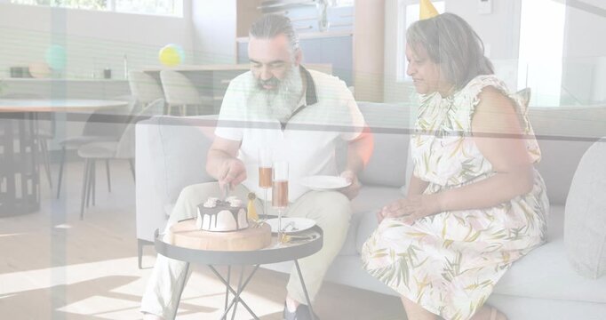 Man taking plate and cutting bundt, woman pointing, animated tag marking food celebration