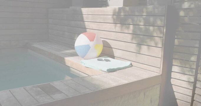 Sunlight sliding slats casting shadows, revealing beachball, towel, shades for marketing content