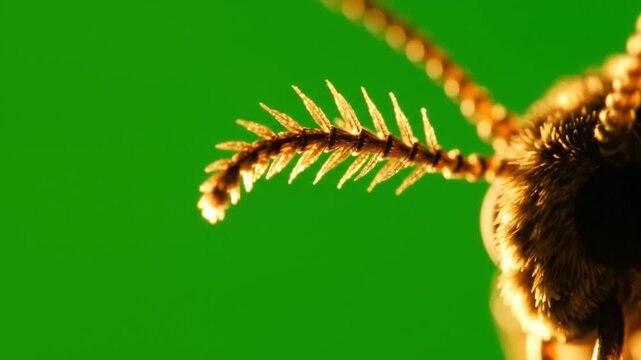 Closeup of mosquito antenna on vibrant green backdrop, ideal for science textbooks, entomology articles, educational presentations, and naturethemed designs.