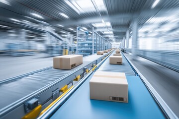 Fototapeta premium Cardboard Boxes Moving on Automated Conveyor Belt in Distribution Warehouse for E-commerce Shipping