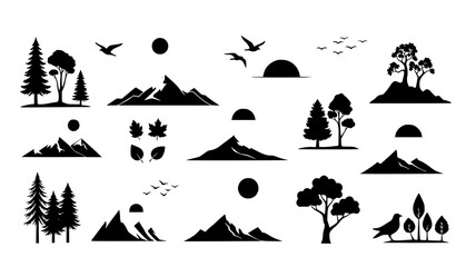A set of minimalist nature icons featuring mountains, trees, and birds in silhouette © MdLiton