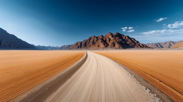 Desert landscape with winding dirt road leading towards distant mountains under a clear blue sky, showcasing the vastness of the arid terrain and natural beauty