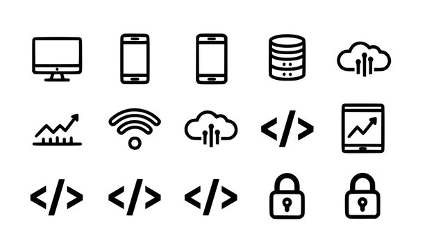 A set of modern technology icons for coding and data analysis