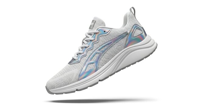 A sleek white sneaker with blue and pink accents is suspended in mid-air against a clean white background