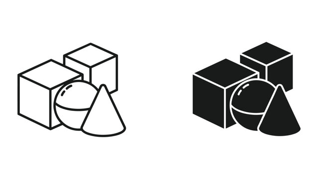 Geometric Shapes Icons: Cube, Sphere, Cone - Outline and Solid Fill Versions