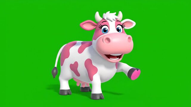 Pink and white cartoon cow on a bright green background. Suitable for childrens books, educational materials, and farmingrelated design projects.