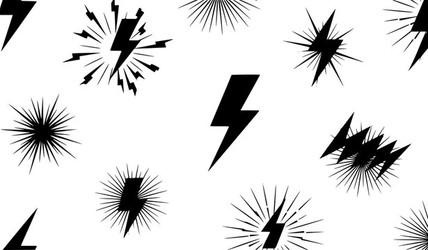 A vector graphic illustration of lightning bolts and explosive effects in black silhouette on a white background