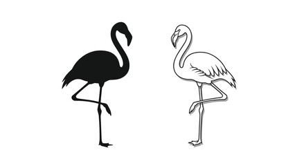 Obraz premium comparison between a black silhouette and a detailed line art drawing of a flamingo standing on one leg for artistic and design purposes.