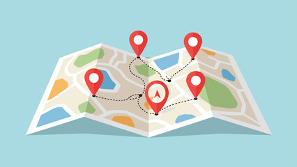 Fototapeta premium Folded paper map showing multiple red map pins connected by dotted lines representing a travel route or delivery locations.