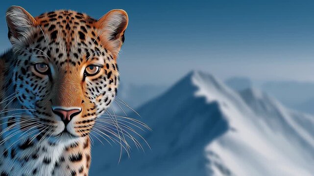 Leopard with distinctive spots gazes intently from rocky mountain peak, showcasing majestic landscape of snow-capped mountains and clear blue sky in the background