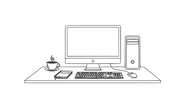 A minimalist line art illustration of a computer workspace with office supplies