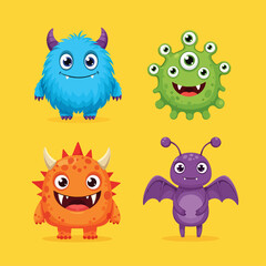 Naklejka premium Playful monster illustration set featuring bright colors cute expressions and funny horns perfect for children themed designs