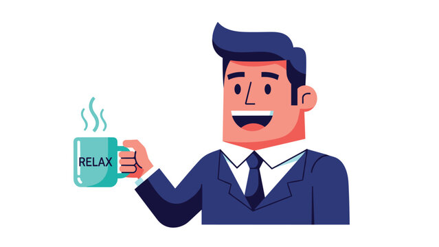 Contented businessman taking a break and enjoying a hot beverage in a mug that has the word relax written on it in clear black text.