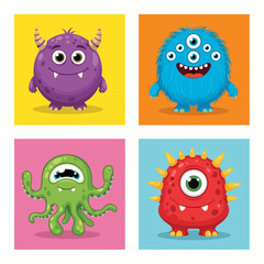 Fototapeta premium Funny monster faces with expressive eyes and playful emotions
