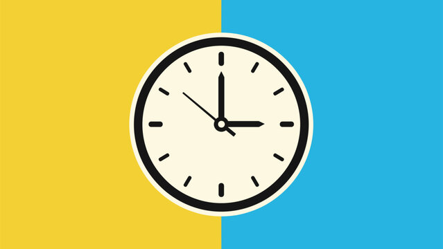 Minimalist analog clock face showing three o'clock on a background split into yellow and blue colors for time management concepts.