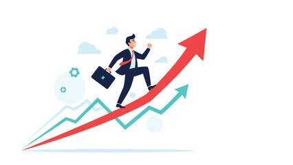 Fototapeta premium Confident businessman running along a red rising arrow above multiple green line graphs, representing market growth and victory.
