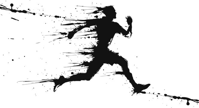 Silhouette of a spray paint runner in dynamic sprint motion with ink splatter effect