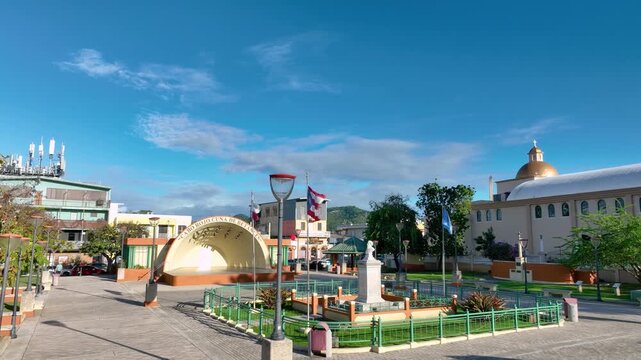 Drone footage of the town square and Iglesia San Miguel Arc&aacute;ngel, Cabo Rojo, PR