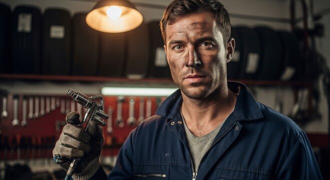 mechanic holding tool in garage workshop