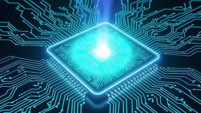 Central Processor: Illuminated central processing unit, showcasing complex circuitry. The vibrant blue lights amplify the sense of advanced technology, innovation and digital transformation.