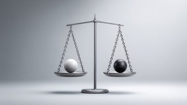 Conceptual Balance: Scales Holding White and Black Spheres Symbolizing Equilibrium and Antithesis in Neutral Studio Setting