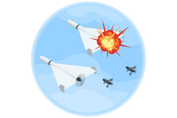 Isometric air combat interceptor drone formation, delta wing target aircraft, object hit by explosion. Aerial defense, unmanned interception, military technology, attack prevention, security response
