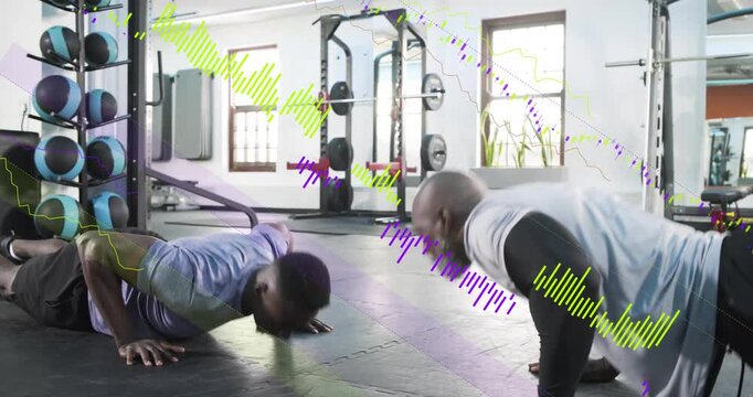 Coach urging partners doing pushups, tapping hands on mat for training, waveform overlaying scene