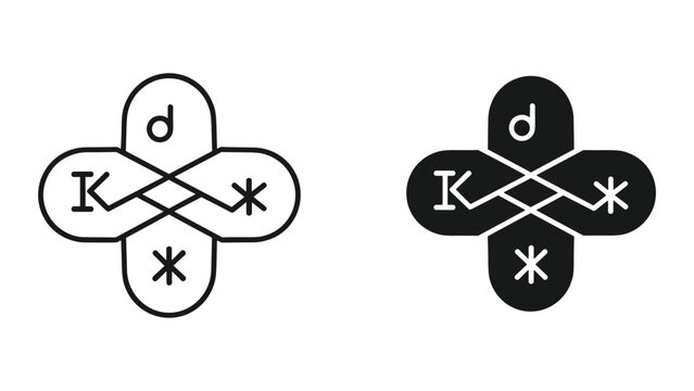 Line art and filled icon set of a stylized cross symbol with letters 'K' and 'd' and asterisks