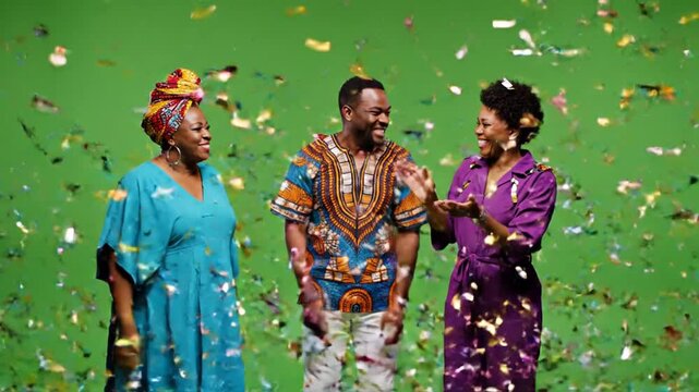 Three people celebrate in falling confetti on green backdrop. Suitable for festive event promotions, party invitations, or joyous announcements.