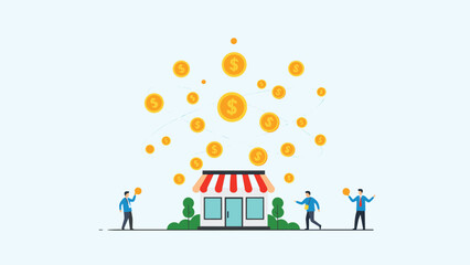 Naklejka premium Small retail shop building surrounded by falling golden dollar coins representing high sales revenue and business profitability.