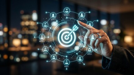Fototapeta premium Digital marketing target icon with customer network, business strategy goal achievement, futuristic data analytics interface in office