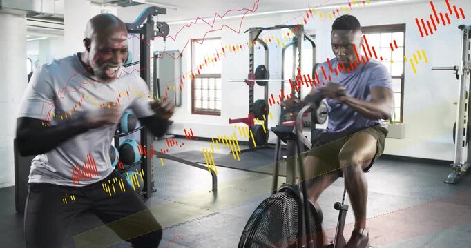 Coach cheering, trainee pedaling harder on fitness air bike, animated waveforms tracking effort