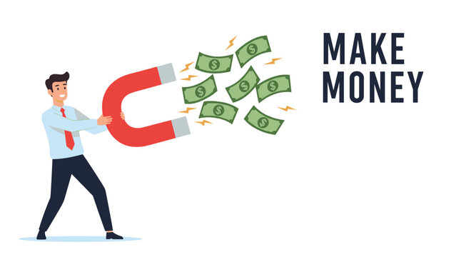 Ambitious man using a giant horseshoe magnet to attract floating green dollar bills, representing business profit and moneymaking.
