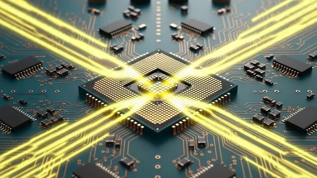 Cyber Circuitry: High-angle view of a computer chip, depicting the intricate patterns of circuitry and the technological essence of data processing.